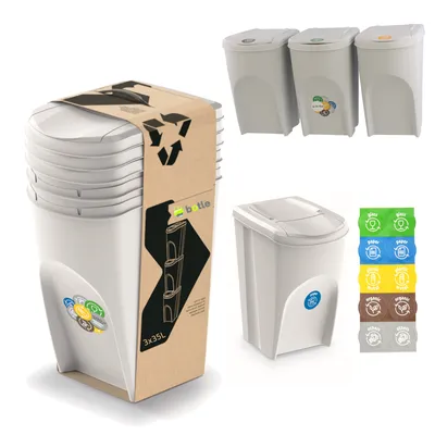 Obrázek produktu pro Sada 3 odpadkových košů Systém třídění odpadu - Sada odpadkových košů 3x35 l v bílé barvě Popelově bílá barva pro stohování Kompaktní modulární a lehké Jednoduché třídění odpadu z domácnosti Plastové provedení