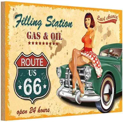 Produktbild von vianmo Holzschild 20x30 cm Pinup Gas Oil open 24 hours Pin Up