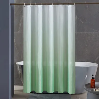Produktbild von Textilduschvorhang, schimmelresistent, wasserdicht, waschbar, aus Polyestergewebe, weiß bis grün, 150 x 180 cm mit 10 Duschvorhangringen.