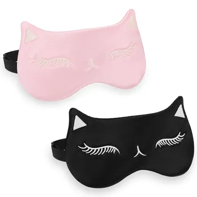 Produktbild von Set mit 2 Schlafmasken: weiche Seiden-Augenmaske, niedliche Katzenaugenmaske, verstellbar, ideal für Reisen, Schlafmaske für Frauen und Mädchen.