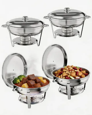 Image de Ensemble de plats de service chauds - Ensemble de 4 plats ronds - Acier inoxydable, 4,7 L - Avec support pour couvercles, cuillère et pince - Pour traiteur, mariage, fête - Blanc