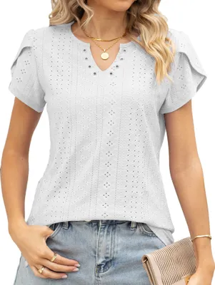 Produktbild von ASKSA Damen T-Shirt Blütenblatt Ärmel Aushöhlen Bluse V-Ausschnitt Sommer Kurzarm Einfarbig Lose Oberteile, Weiß, L