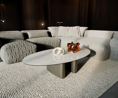Produktbild von DELIFE Couchtisch Edge Oval 135x80 cm Keramik Onyx Champagne Ovada Effektfinish Titan