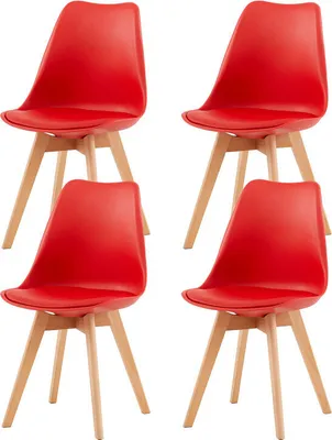Four red dining chairs with wooden legs arranged in a grid.