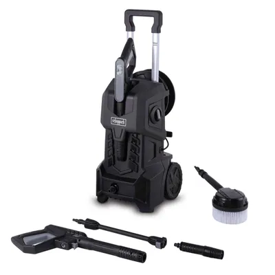 A black electric pressure washer with accessories on a white background.