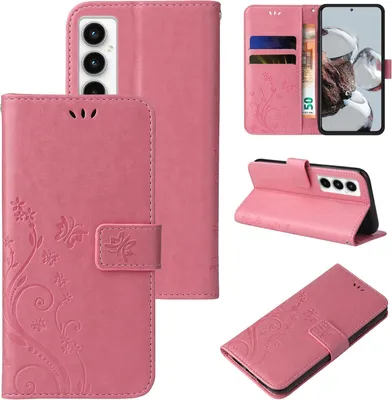 Collage of product images showing a pink floral butterfly embossed flip phone case for a Samsung Galaxy A35 5G.