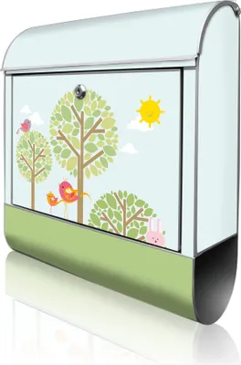 Zdjęcie produktu dla banjado design skrzynka na listy stalowa srebrna z przegrodą na gazety malowana proszkowo "Three Trees" 38x46x12,5cm & 2 klucze - Skrzynka pocztowa A4 z materiałem montażowym [BK 11774]