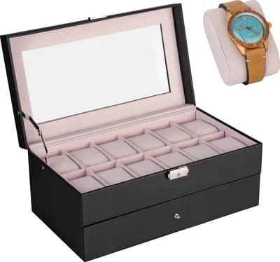 Produktbild von Uhren Aufbewahrung Uhrenbox Uhrenkoffer Uhrenkasten 'Zürich', schwarz, Farbe Innenfutter:rosa
