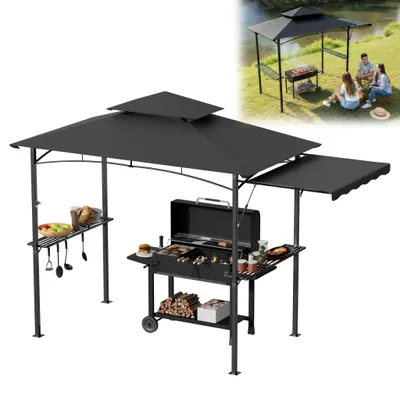 Produktbild von XMTECH Grillpavillon 245x141x253 cm mit Seitenvordach & Doppeldach, Grillzelt Gartenpavillon mit Metallrahmen, UV-Schutz, Grau