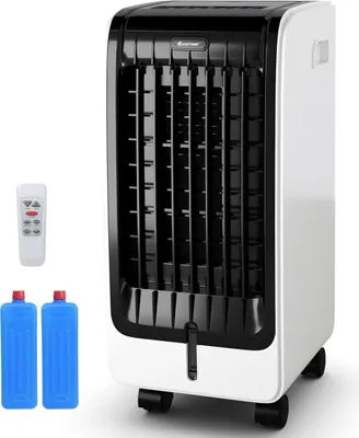 A white and black air cooler with a remote control and two blue ice packs.