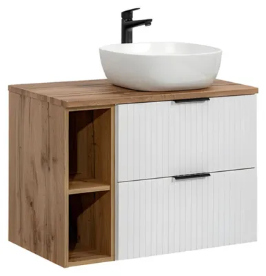 Produktbild von Badezimmer-Set NOXERA 80 cm – Hängender Waschtischunterschrank mit 2 Fächern, Waschtischplatte und Waschbecken