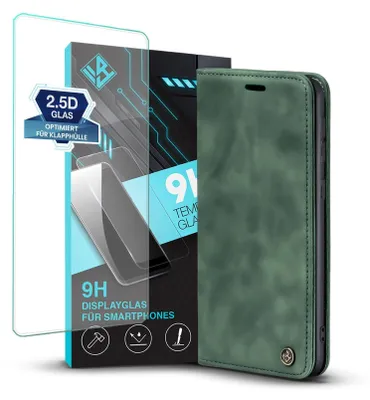 A green flip cover phone case and a screen protector are displayed together.
