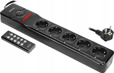 A black power strip with five outlets and a remote control, shown on a white background.