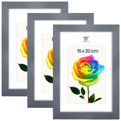 Produktbild von MG Design 3er Set Bilderrahmen 15 x 20 cm - Fotorahmen mit Grau Echtholzrahmen und bruchsicherem Acrylglas, Hoch & Quer zum Aufhängen, zum Aufstellen