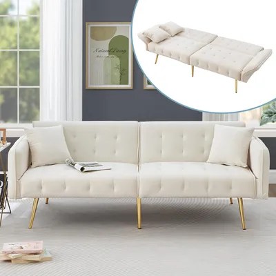 Obrázek produktu pro okwish Moderní dvoumístná pohovka s rozkládací funkcí, relaxační pohovka s područími a integrovanou postelovou funkcí, skládací pohovka Lounge s nastavitelným opěradlem a sametovým potahem, Bílá