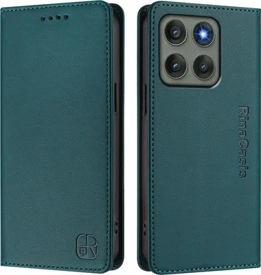 A dark green flip wallet case for a smartphone, shown from the front and back.
