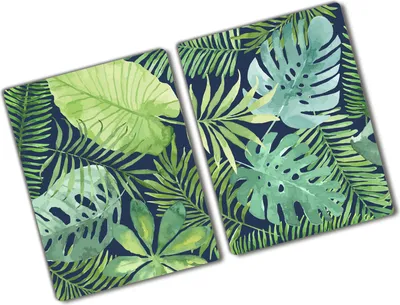 Produktbild von Tulup Glas Herdabdeckplatte - 2x40x52 cm - Glaskeramikkochfeld-Abdeckung Spritzschutz Glasabdeckplatte Kochplattenabdeckung und Schneidebrett - Zweiteilig - Blumen & Pflanzen - Tropische Blätter - Grün