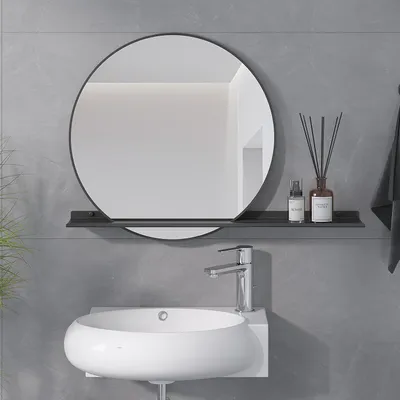 Produktbild von Rundspiegel Badezimmerspiegel mit Ablage 50 cm Dekospiegel Wandspiegel mattschwarzer Aluminiumrahmen Badspiegel ohne Beleuchtung