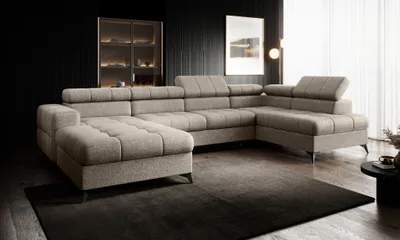 Productafbeelding van Zitmeubel in L-vorm, slaapbank SPARKS, stof Infinity, beige, met hocker aan de linkerkant