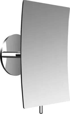 A close-up, studio shot of a wall-mounted mirror with a curved surface, attached to a chrome bracket.