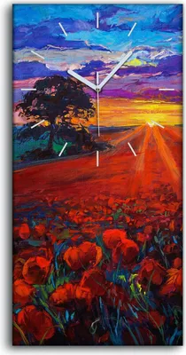 Produktbild von Wohnzimmer-Bild Leinwand Uhr Geräuschlos 30x60 Wiesen Landschaft Mohn Felder - weiße Hände