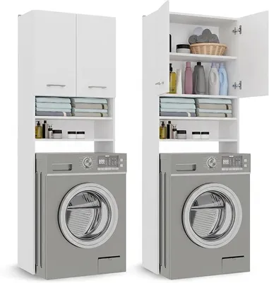 Produktbild von Waschmaschinenschrank 2 Türen Hochschrank Badschrank Hochschrank Überbauschrank für Waschmaschine, Wäschetrockner Badezimmer Schrank Möbel Waschmaschinenumbauschrank Weiß 30x64x180 cm