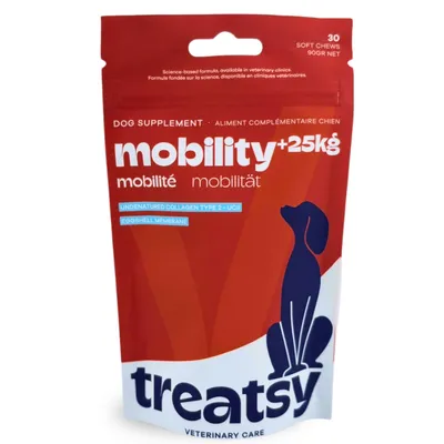 Produktbild von Treatsy Mobility +25 für Hunde über 25 kg – 30 Kau-Snacks mit UC-II Kollagen & Eierschalenmembran bei Arthrose und Gelenkproblemen
