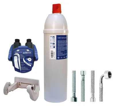 A collection of water filtration components, including a filter cartridge, a pump, hoses, and a mounting bracket, arranged on a white background.