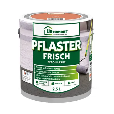 Produktbild von Ultrament Pflaster Frisch Betonlasur - Rot, 2,5 Liter: Einfach aufzutragen, UV- und witterungsbeständig, schnell trocknend, ideal für Außenbereiche und saugfähige Betonsteine.