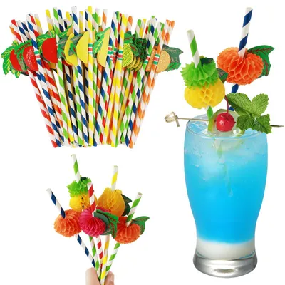 50 bunte Papier-Cocktailstrohhalme, 20 cm, 3D-Fruchtmotiv