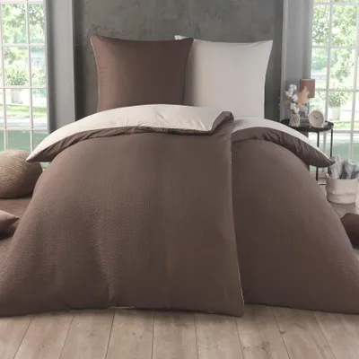Produktbild von Kuscheli Mikrofaser-Seersucker-Bettwäsche 4-teilig, 2 × 135 × 200 + 2 × 80 × 80 cm, Taupe-Beige