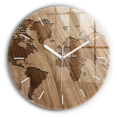 Produktbild von Wallfluent Wanduhr – Stilles Quarzuhrwerk - Uhr Dekoration Wohnzimmer Schlafzimmer Küche - Zifferblatt mit Striche - weiße Zeiger - 30 cm - Weltkarte auf Holz