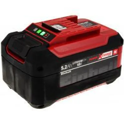 A red and black Einhell Power X-Change battery pack is shown against a white background.