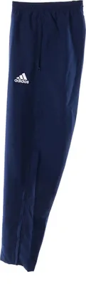 A close-up view of a pair of navy blue Adidas training pants.