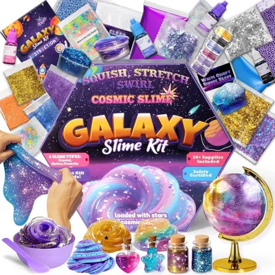 Immagine prodotto di Kit per creare slime fai-da-te con cristalli, burro luminescente e un globo che si illumina al buio, insieme a flaconi per "pozioni magiche", ideale per bambini dai 7 ai 12 anni