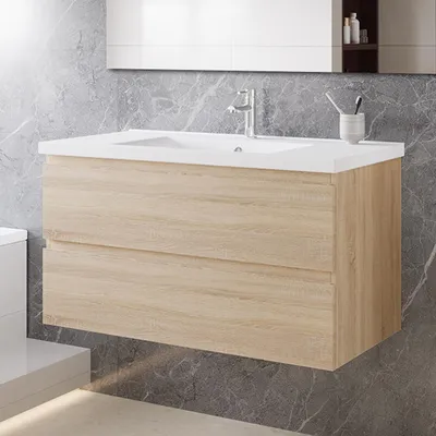 Produktbild von 100 cm Badmöbel-Set Unterschrank mit Keramik waschtisch 2 Schubladen soft-close Eiche Matt Selbstmontierter