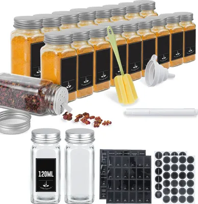 Produktbild von JOIEYOU Gewürzgläser Eckig 24 Stück 120ml Glas Gewürzdosen mit Streueinsatz, Wasserdicht Etiketten, Trichter, Reinigungsbürste Gewürzbehälter für Gewürz Küchenzubehör, Silber Aluminiumdeckel