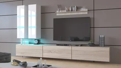 Produktbild von Furnitech Wohnwand Wohnzimmer - Hängend Wohnwand Modern - Regale und TV Schrank - Wohnzimmer Möbel ohne LED (Egina AN50-18WS-HGM4 1B)