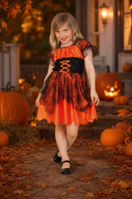 Produktbild von Kinderkostüm Hexenkostüm orange-schwarz – Hexenkleid mit Spinnennetz (116)