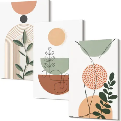 Produktbild von Leinwandbilder – Wandbilder – Leinwandbild – Canvas Bild – Polycanvas – Kunstdruck – – Modern – Aufhängefertig – Mehrteilig – 3-Teilig – 40x60 Cm Pro Bild - Abstrakte Formen mit bunten Pflanzenmotiven