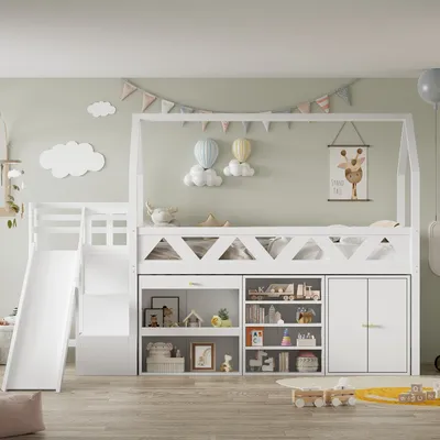 Produktbild von Merax Etagenbett 90x200cm mit Treppe und Rutsche, Hochbett mit Schränke und Regalen, Kinderbett mit Rausfallschutz, Stockbett Massivholz Hausbett Weiß