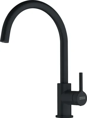 A black kitchen faucet on a white background.