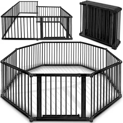 Produktbild von KIDUKU® 7,2 Meter Laufgitter schwarz XXL klappbar inkl. Tür, bestehend aus 8 Elementen, individuell formbar Laufstall Absperrgitter