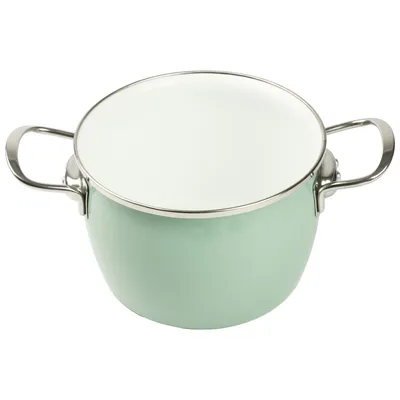A light green enamel pot with silver handles on a white background.