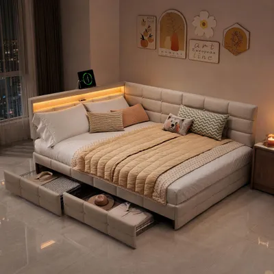 Produktbild von INONEFT Polsterbett Doppelbett 140×200cm,Tagesbett mit LED und USB/C,L-förmiges Holz-Plattformbett mit 2 Schubladen und Lattenrost,Leinen, Beige