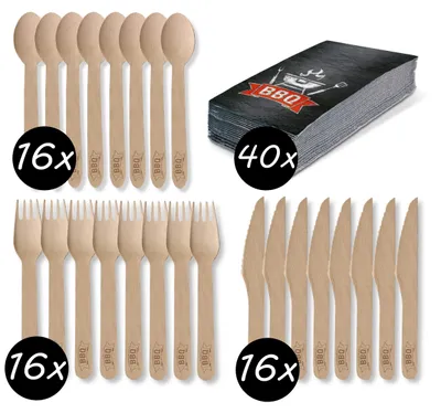 Produktbild von Amscan - BBQ Party Set - Holz-Besteck (48 Teile) + Servietten (40 Stück) Besteck Party grillen