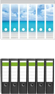 Produktbild von Wallario 6 Stück breite Ordner inkl. Klebeetiketten mit Motive Sandstrand und blaues Meer -  Set mit Rückenschildern / Ordnerrücken Stickern