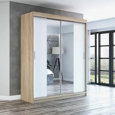 Produktbild von Schwebetürenschrank, 2-türig Schrank mit Spiegel! Moderne Garderobe für Kleidung. Verschiedene Farben (Weiß, Schwarz, Somona) Kleiderschrank NEO 180 cm