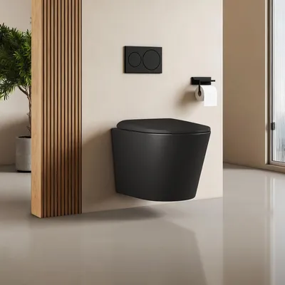 Immagine prodotto di WC sospeso EMKE in ceramica a doppio foro con risciacquo a risparmio idrico, con scarico diretto e coperchio a chiusura ammortizzata, a bassa rumorosità, nero opaco