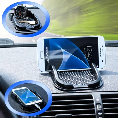 Collage of images showing a non-slip car mat holding a watch and key, and a smartphone.